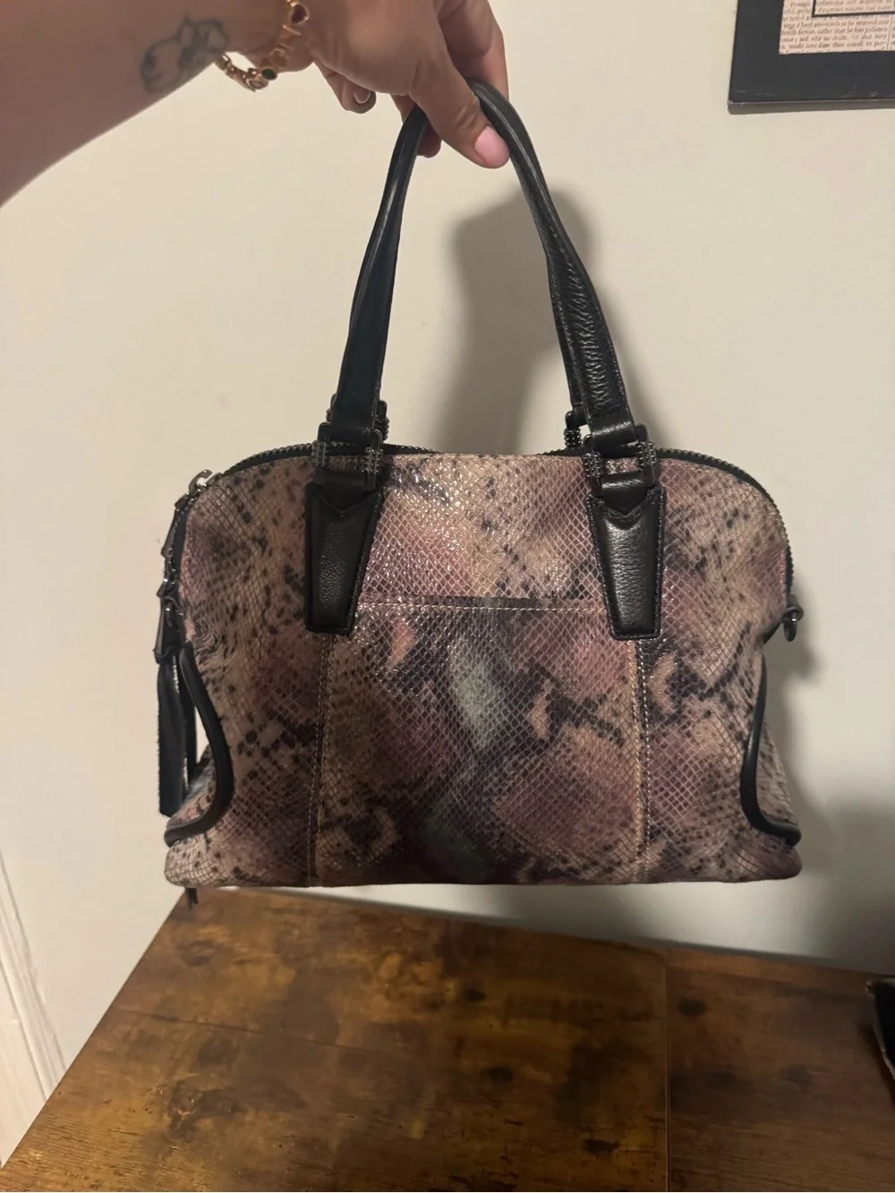 Aimee Kestenberg Snake-Print Dome Satchel Handbag in Blush Black